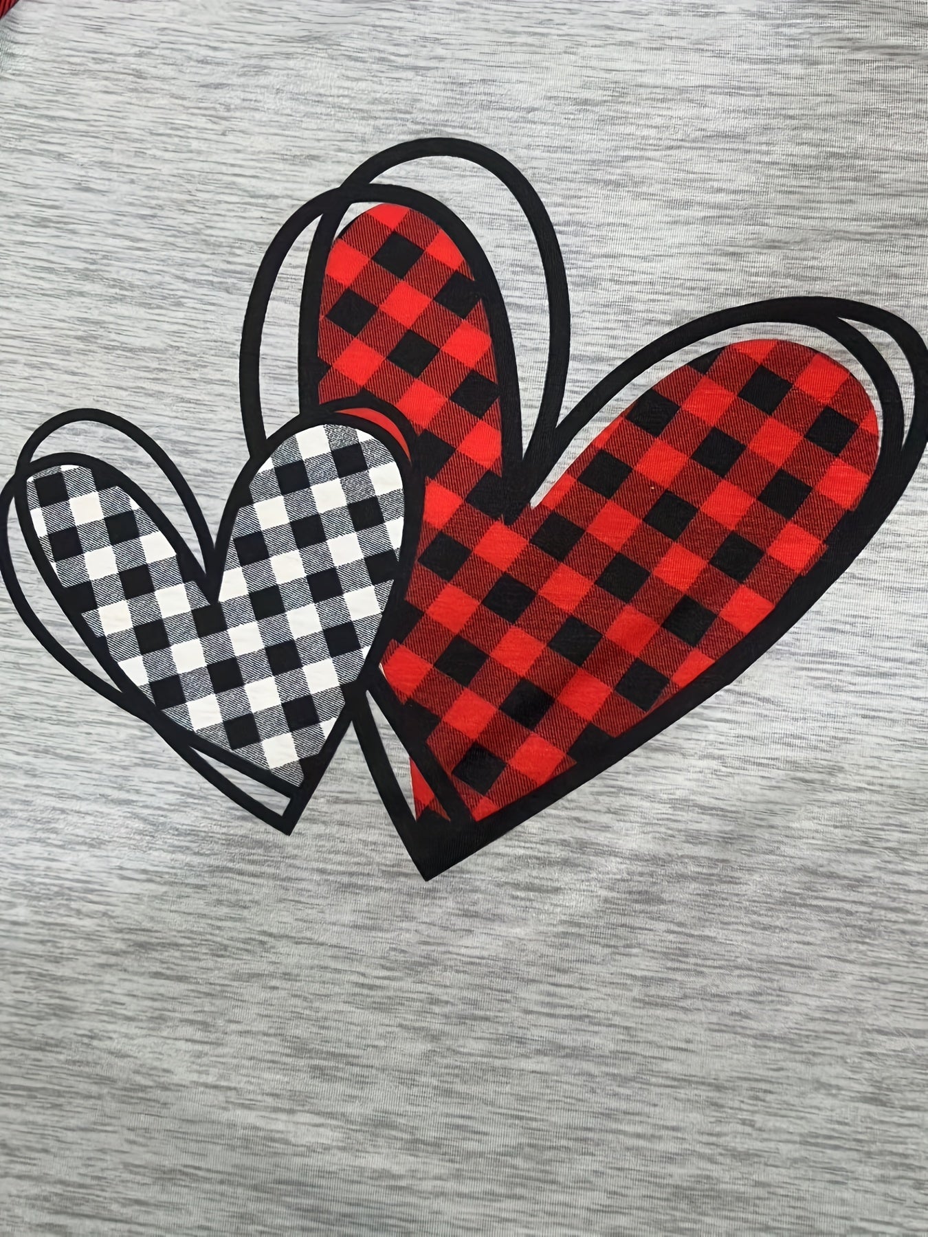 Plaid Heart & Stripe Print T-Shirt, Casual Long Sleeve Top For Spring & Fall, Women's Clothing