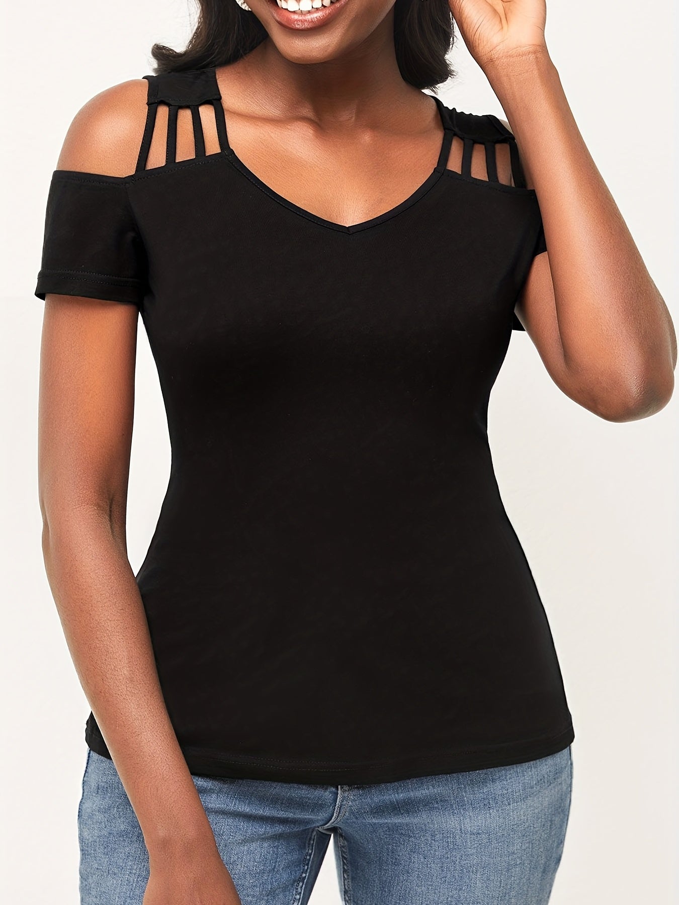 Cold Shoulder Solid T-shirt, Casual V Neck Short Sleeve Summer T-shirt, Women's Clothing