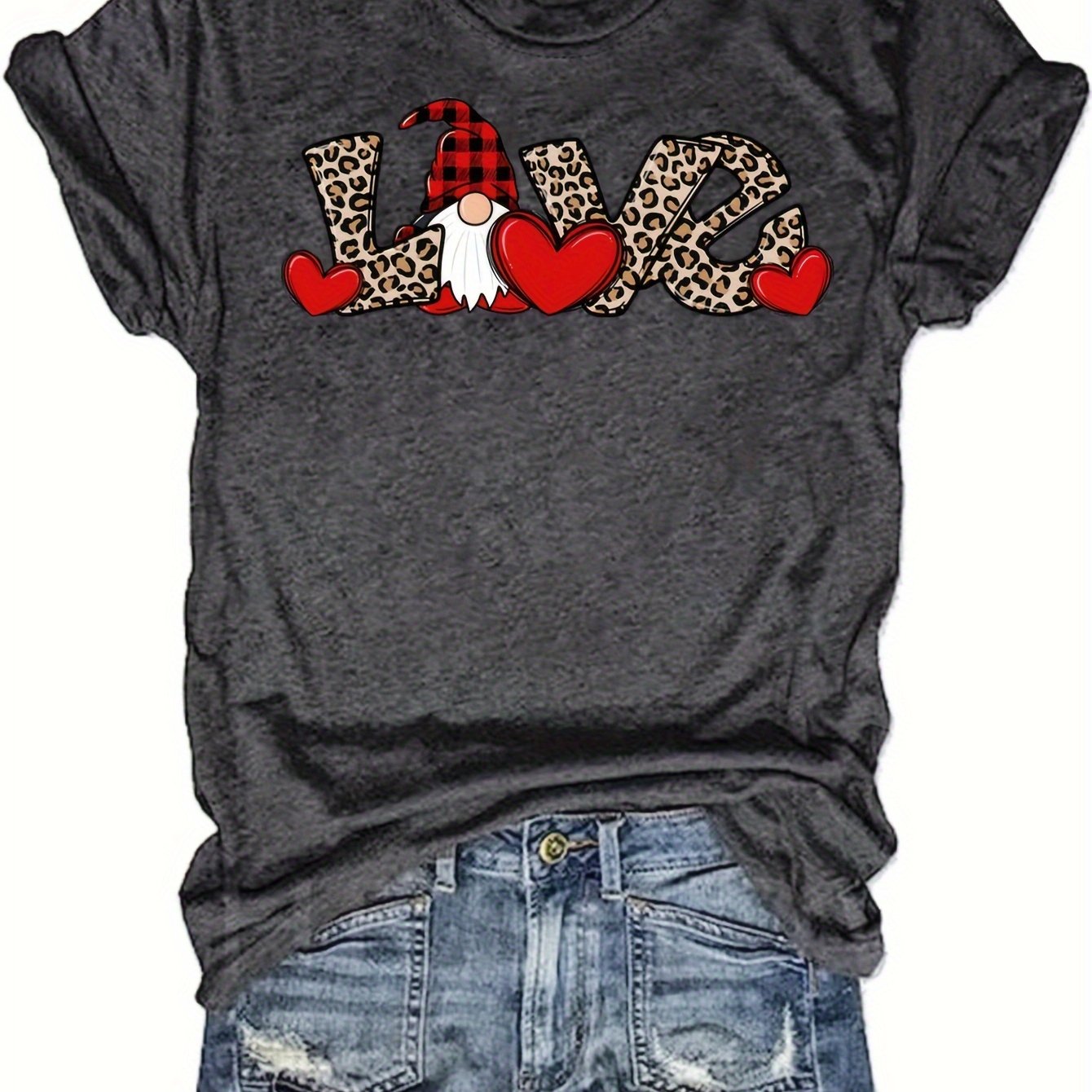 Leopard Love & Gnomes Print T-shirt, Casual Short Sleeve Top For Spring & Summer, Women's Clothing