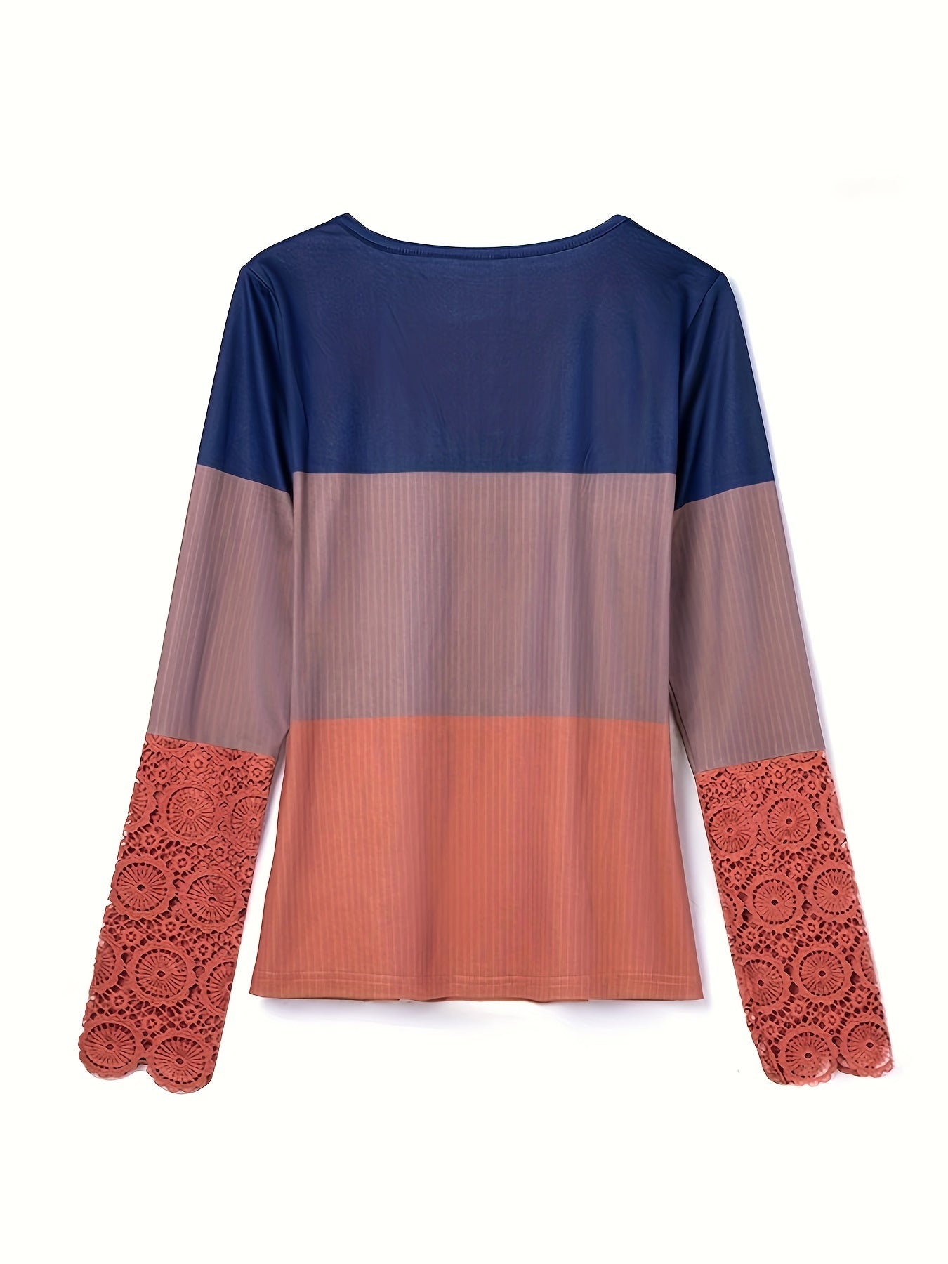 Lace Stitching Colorblock Cross Front T-Shirt, Casual Long Sleeve Top For Spring & Fall, Women's Clothing