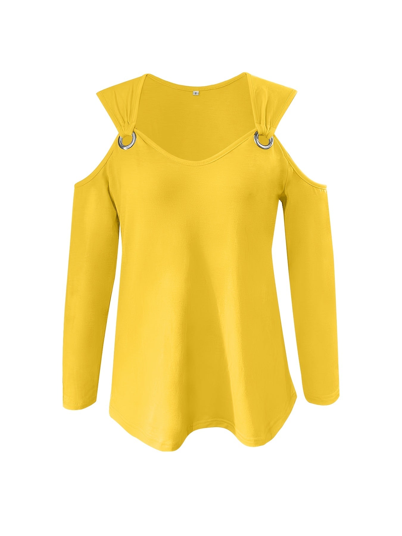 Solid Ring Detail Crew Neck T-Shirt, Casual Cold Shoulder Long Sleeve Top For Spring & Fall, Women's Clothing