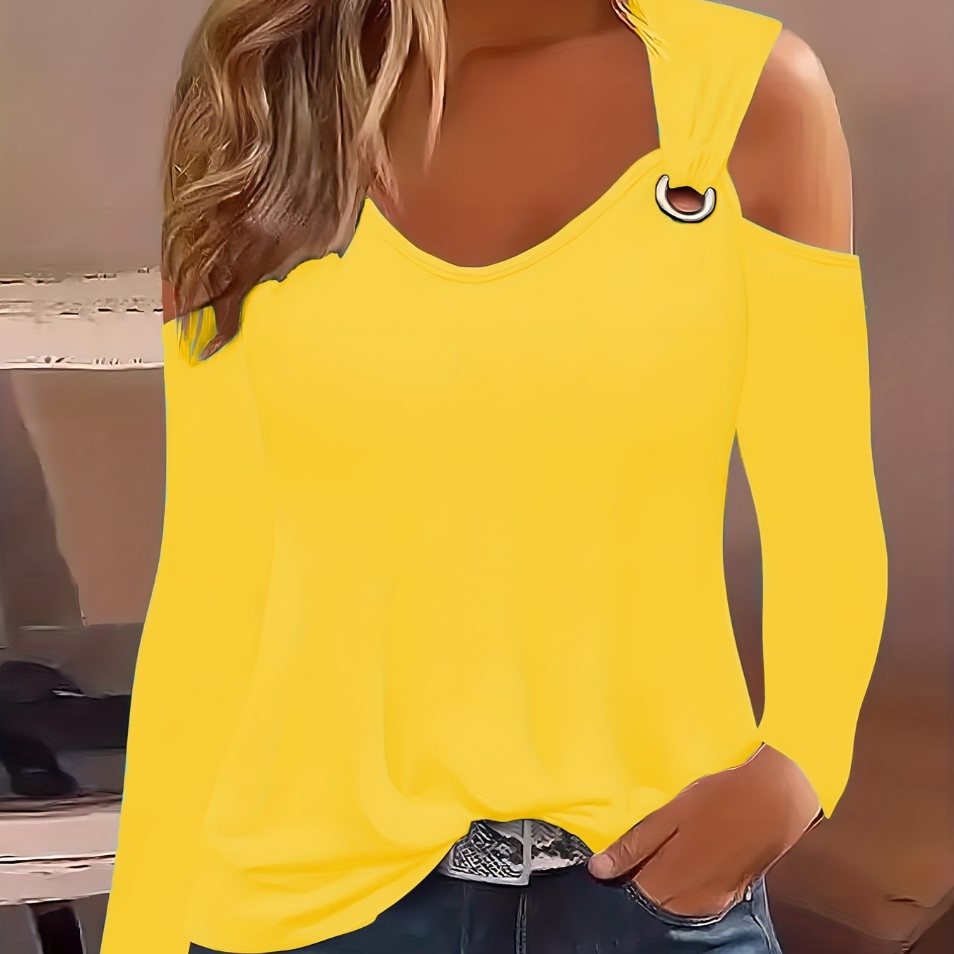 Solid Ring Detail Crew Neck T-Shirt, Casual Cold Shoulder Long Sleeve Top For Spring & Fall, Women's Clothing