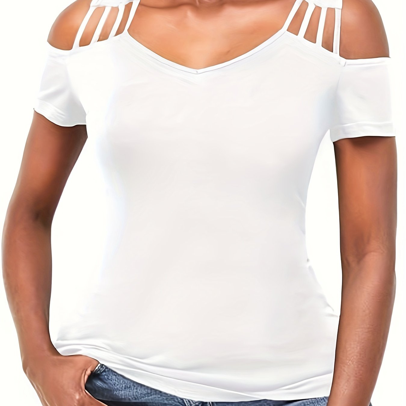 Cold Shoulder Solid T-shirt, Casual V Neck Short Sleeve Summer T-shirt, Women's Clothing